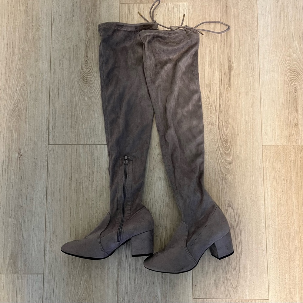 Thigh High Suede Taupe Boots with Ties